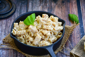   Gluten free Chickpea pasta.Fresh  low carb  high protein pasta rigatoni alla carbonara with  cream sauce  , becon  egg, parmesan cheese ,olive oil and black pepper) 