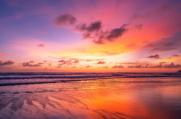Fototapeta na wymiar Sunset or sunrise sky clouds over sea sunlight in Phuket Thailand Amazing nature landscape seascape Colorful sky