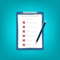 Clipboard with X marks. Failed checklist. Checklist, unfinished tasks, to-do list, survey concept. Flat style vector illustration.