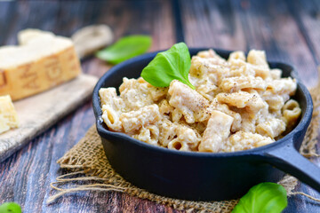  Gluten free Chickpea pasta.Fresh  low carb  high protein pasta rigatoni alla carbonara with  cream sauce  , becon  egg, parmesan cheese ,olive oil and black pepper) 