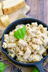   Gluten free Chickpea pasta.Fresh  low carb  high protein pasta rigatoni alla carbonara with  cream sauce  , becon  egg, parmesan cheese ,olive oil and black pepper) 