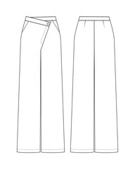 Fashion technical drawing of asymmetric wide leg wrap trousers