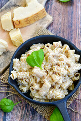   Gluten free Chickpea pasta.Fresh  low carb  high protein pasta rigatoni alla carbonara with  cream sauce  , becon  egg, parmesan cheese ,olive oil and black pepper) 