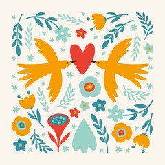 Illustration with two birds, heart and flowers. Concept of peace and love
