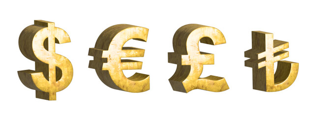 3D gold money symbols (dollar, euro, pound, turkish lira)