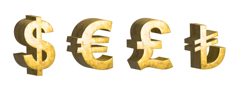 3D gold money symbols (dollar, euro, pound, turkish lira)