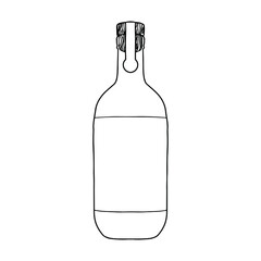Wine bottle with stopper. Vector illustration of package for liquid. Line design icon.