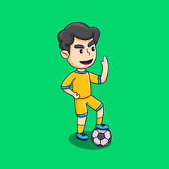 Cute boy playing soccer, happy boy kicking the ball, cartoon vector illustration