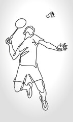 Single continuous one line drawing of badminton player jump and smash the shuttlecock. Trendy monoline draw design vector illustration for badminton tournament publication
