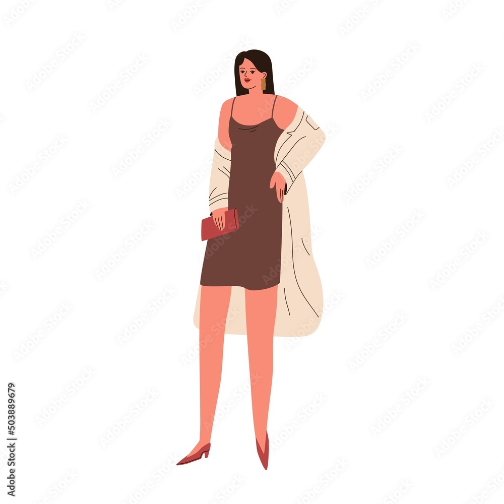 Wall mural Fashion woman standing in stylish cocktail dress and cardigan, purse. Girl wearing modern apparel, outfit, accessories for evening party. Flat graphic vector illustration isolated on white background