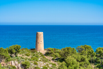 Idyllic Mediterranean seascape. Torre del la Corda in Oropesa del Mar, Spain