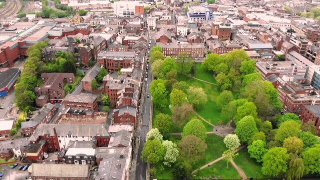 Flying over Winckley Square towards Preston city centre on a cloudy day
