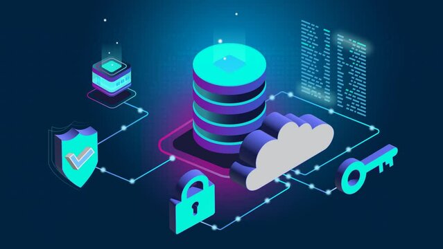 Database Cloud Technology, Encryption Security Concept Showing Data Flowing to a Server, representing PaaS and IaaS. Server IOT in datacenter communication with devices.