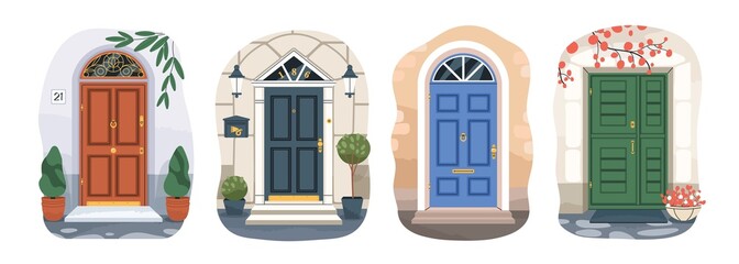 Front doors of residential houses. Home entrances exteriors. Outside of doorways with plants, decoration, mailbox. Different entries from street. Flat vector illustrations isolated on white background - obrazy, fototapety, plakaty