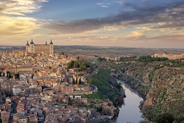 Panoramic view of Toledo (Spain) at sunset - obrazy, fototapety, plakaty