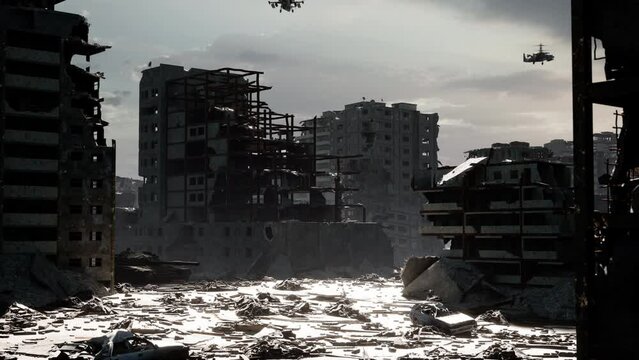War in Ukraine. The ruined city, debris of buildings, smoldering parts of Mariupol city structures. Fighting tanks drive through the occupied city, helicopters fly in the sky. The horror of war these