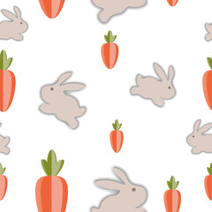 Seamless pattern Orange carrot and two rabbits, bunny. Easter background.  Wallpaper Vector.