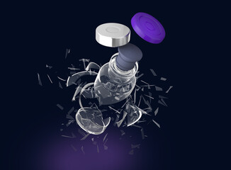 Broken Vaccine bottle on black background, 3d render