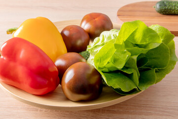 a large dish with fresh vegetables from the home farm on the kitchen countertop. the concept of natural food. vegetarianism.