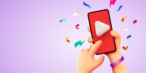 Hand holding phone with video player. Video streaming and vlog concept.