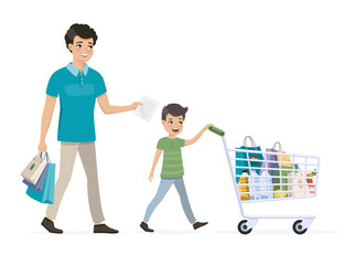 Father and son on shopping. Child drives a full grocery cart