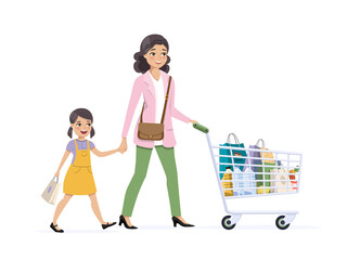 Mother and daughter on shopping with a full grocery cart
