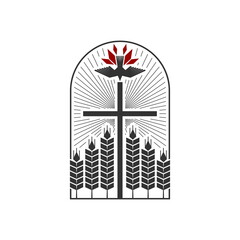 Christian illustration. Church logo. The cross of Christ, ripe ears of wheat and a dove - a symbol of the Holy Spirit.
