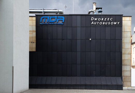 Central Bus Station in Krak&oacute;w, MDA signboard with logo sign. Małopolskie Dworce Autobusowe at Bosacka street on April 15, 2022 in Krakow, Poland.