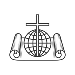 Christian illustration. Church logo. Scroll of Scripture, cross and globe.