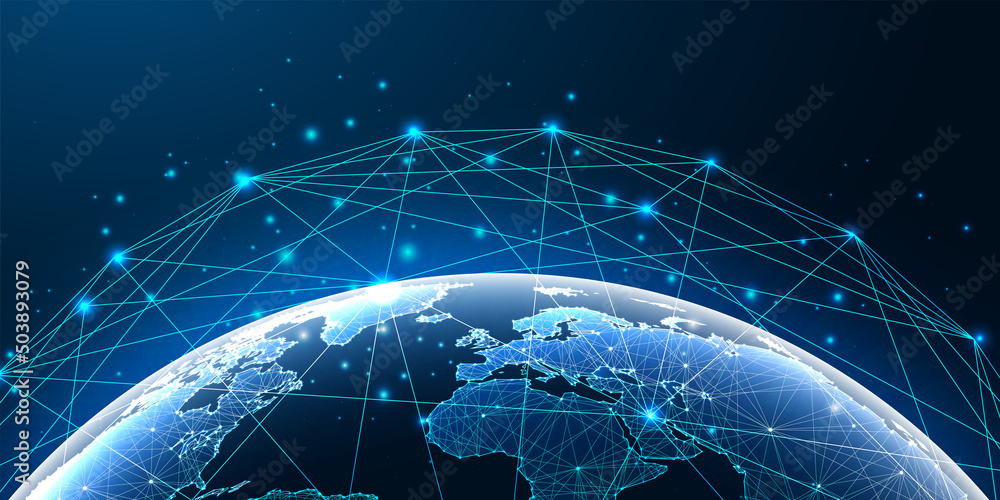 Wall mural futuristic global network concept with glowing planet earth map and connection lines on dark blue