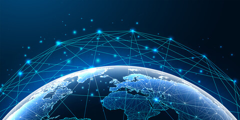 Futuristic global network concept with glowing planet earth map and connection lines on dark blue 