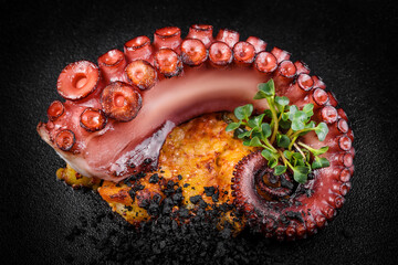 Delicious barbecue octopus tentacle garnished with microgreens on a black background  © tankist208