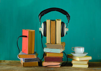 audio book concept with stack of books and vintage headphones on teal background ,good copy space.