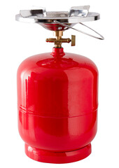 Portable gas bottle. A small compact travel bottle with a burner for cooking on a hike. The road gas stove is filled with propane. Red tank.