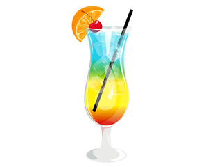 Rainbow cocktail. Summer rainbow multi-layered cocktail. Refreshing tropical drink with a slice of orange, ice cubes and cherries.Vector illustration.