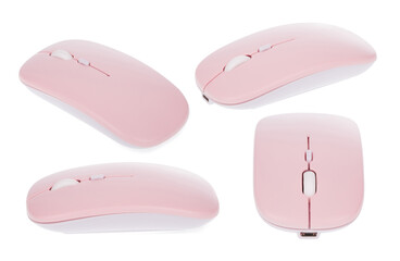 Set pink wireless modern computer mouse isolated on white background