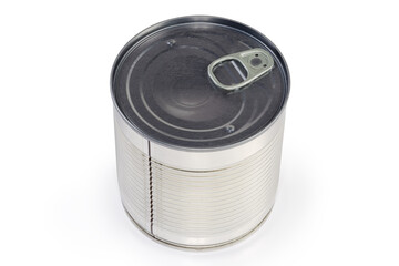 Sealed round tin can of canned vegetable on white background