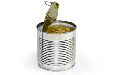 Open round tin can with canned green peas, side view