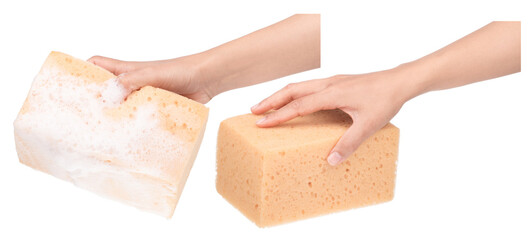 Collection hand holding sponge with soap foam isolated on white background