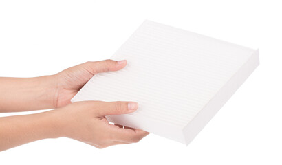 Obraz premium Hand holding car air filter isolated on white background.
