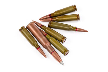 Different service rifle cartridges on a white background