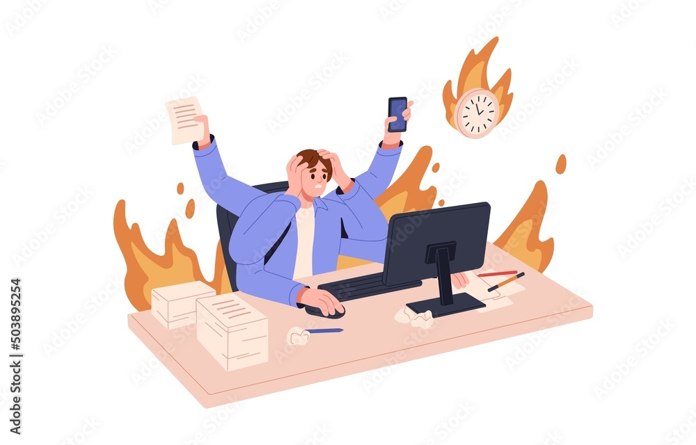 Poster overloaded busy multitasking person in fire missing business deadlines, hurrying with burning tasks.