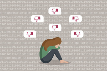 cyber bullying depressed sad girl on binary code background