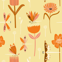 Fototapeta na wymiar Floral seamless pattern with dragonflies
