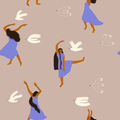 Pattern with dancing women and flying birds
