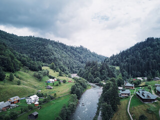 Aerial drone view of green mountain, pine forest, river and village. Carpathian, Ukraine.