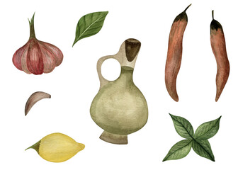 Watercolor set of italian pizza food. Red pepper, garlic, lemin, olive oil, mint, basil leaf