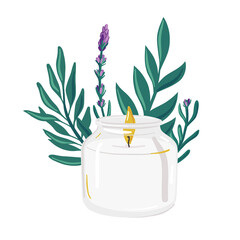 Aroma candle illustration. Candle with lavender and eucalyptus. Soy candle in glass jar.