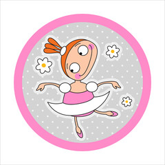 Vector icon round shape with cartoon comic girl ballerina with flowers on a grey background with polka dots.