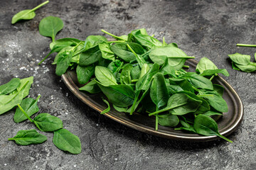 Spinach. Raw organic fresh baby spinach leaves in a metal bowl on gray background. Long banner...